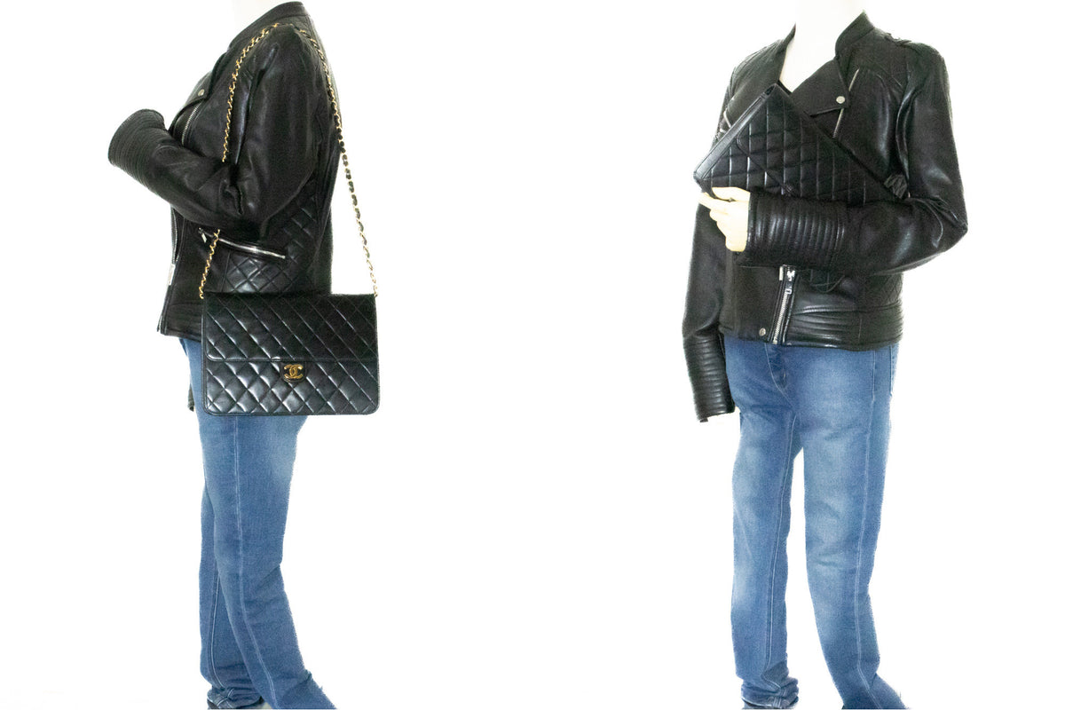 CHANEL Chain Shoulder Bag Clutch Black Quilted Flap Lambskin Purse k11 hannari-shop