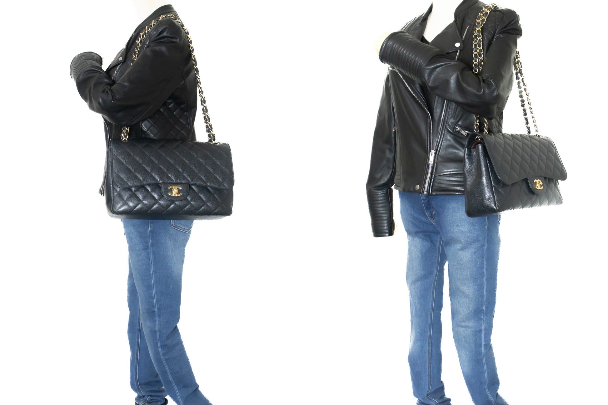 CHANEL Classic Large 11" Chain Shoulder Bag W Flap Black Caviar L66 hannari-shop