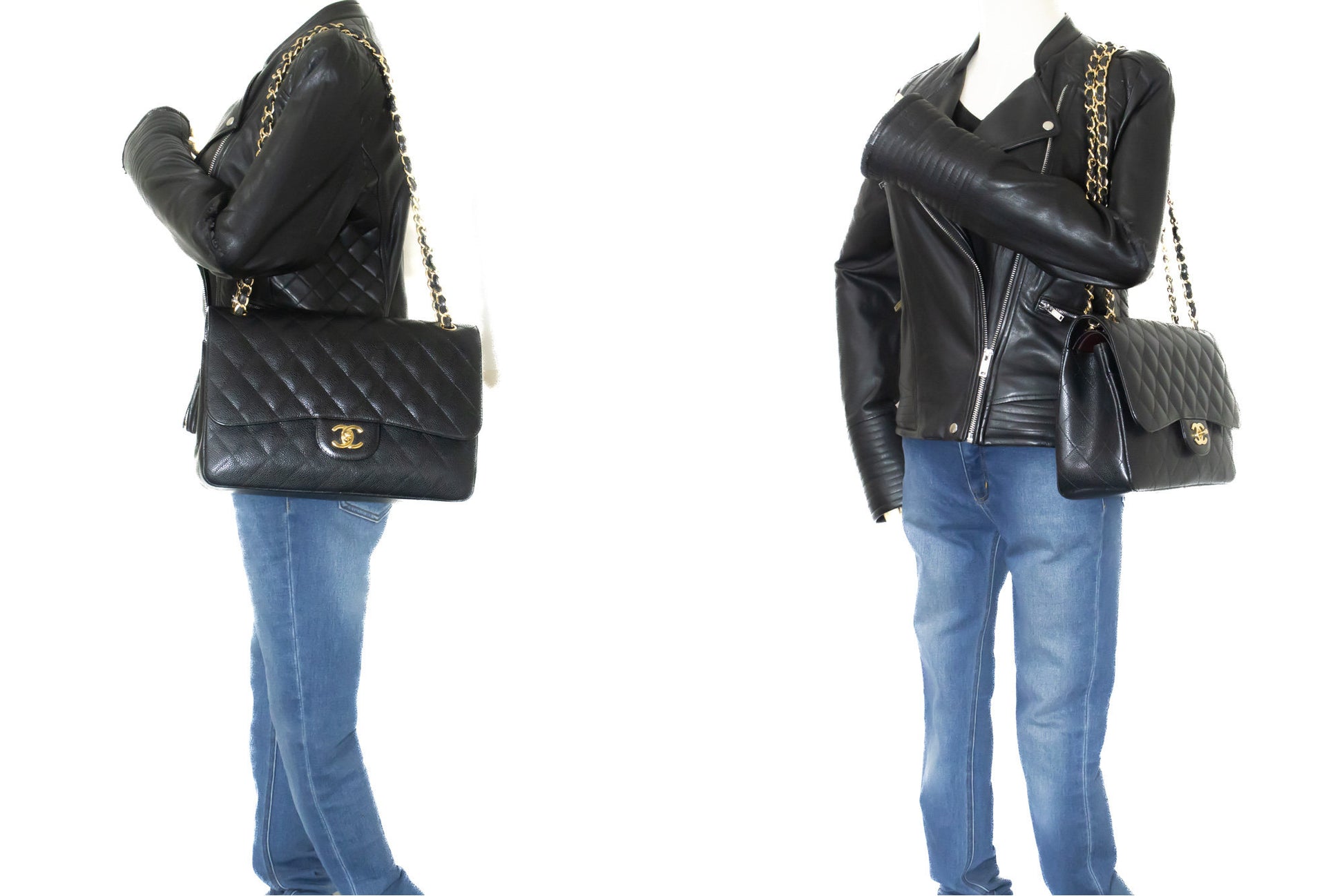CHANEL Classic Large 11" Grained Calfskin Chain Shoulder Bag Black L65 hannari-shop
