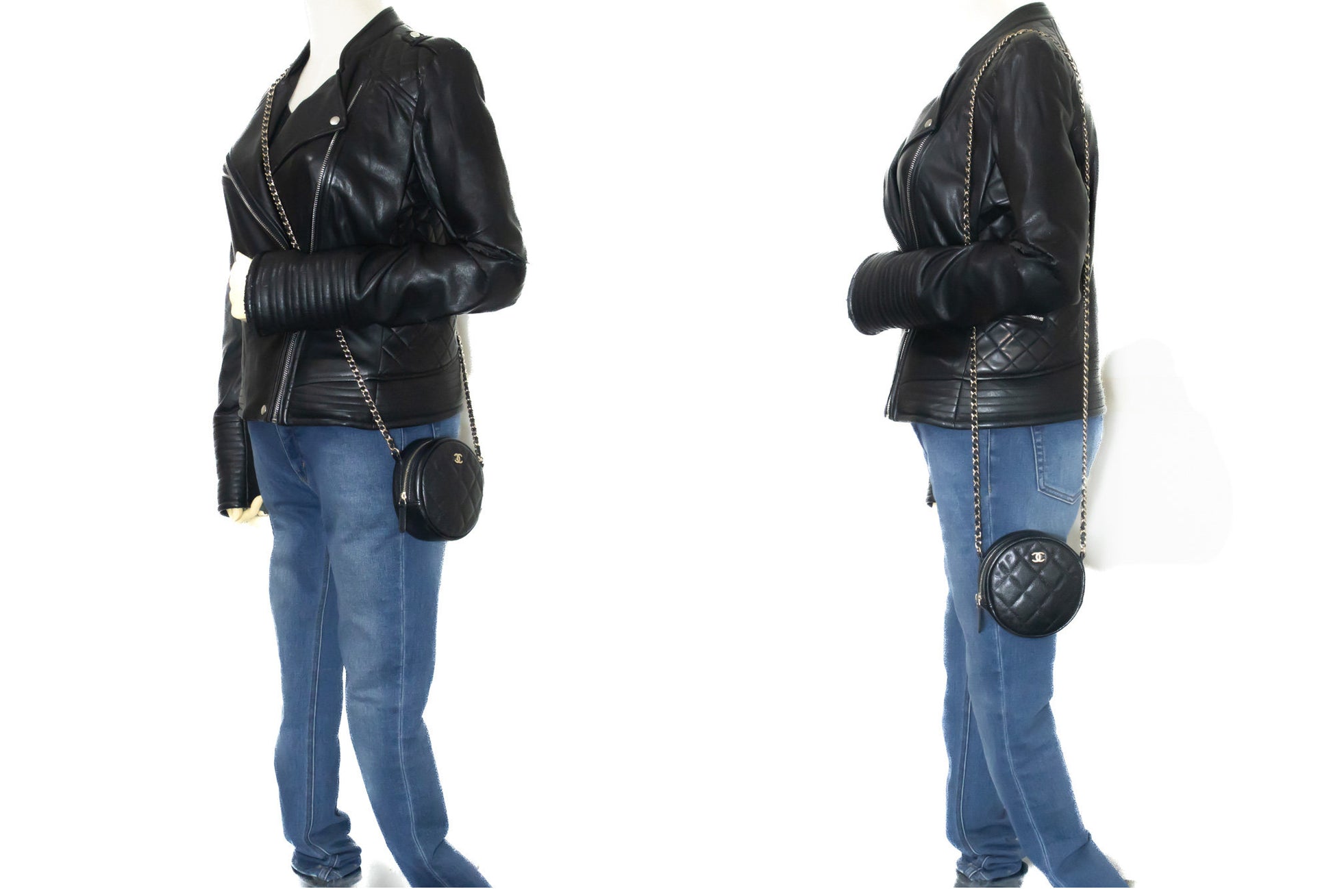 CHANEL Round Zip Caviar Small Chain Shoulder Bag Black Quilted m55 hannari-shop