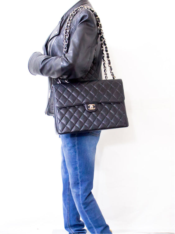 CHANEL Large Classic Handbag Chain Shoulder Bag Flap Black Caviar g66 hannari-shop